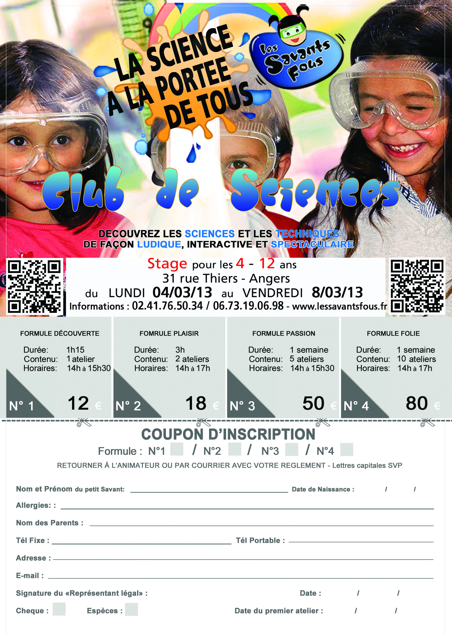 Bulletin inscription Stage 31 rue thiers Vacances Hivers 2013